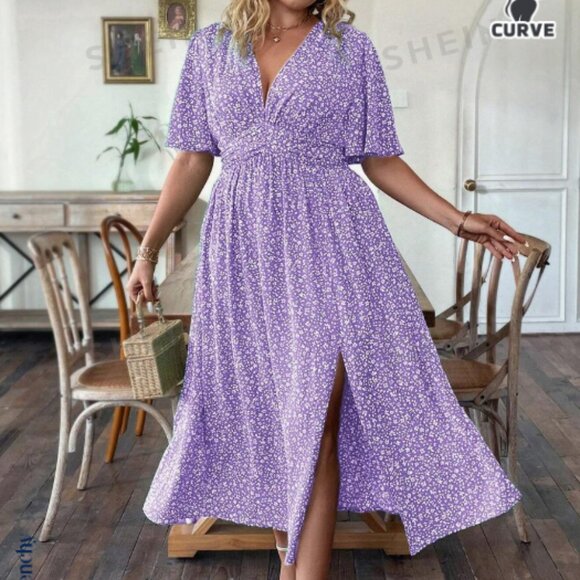 New SHEIN Frenchy Plus Size Floral Print Split V-Neck Cinching Waist Dress - Picture 1 of 4